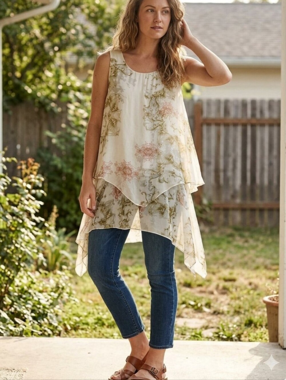 Belle France Tunic Top, Size M, 100% Silk, Tiered, Pastel Lagenlook
